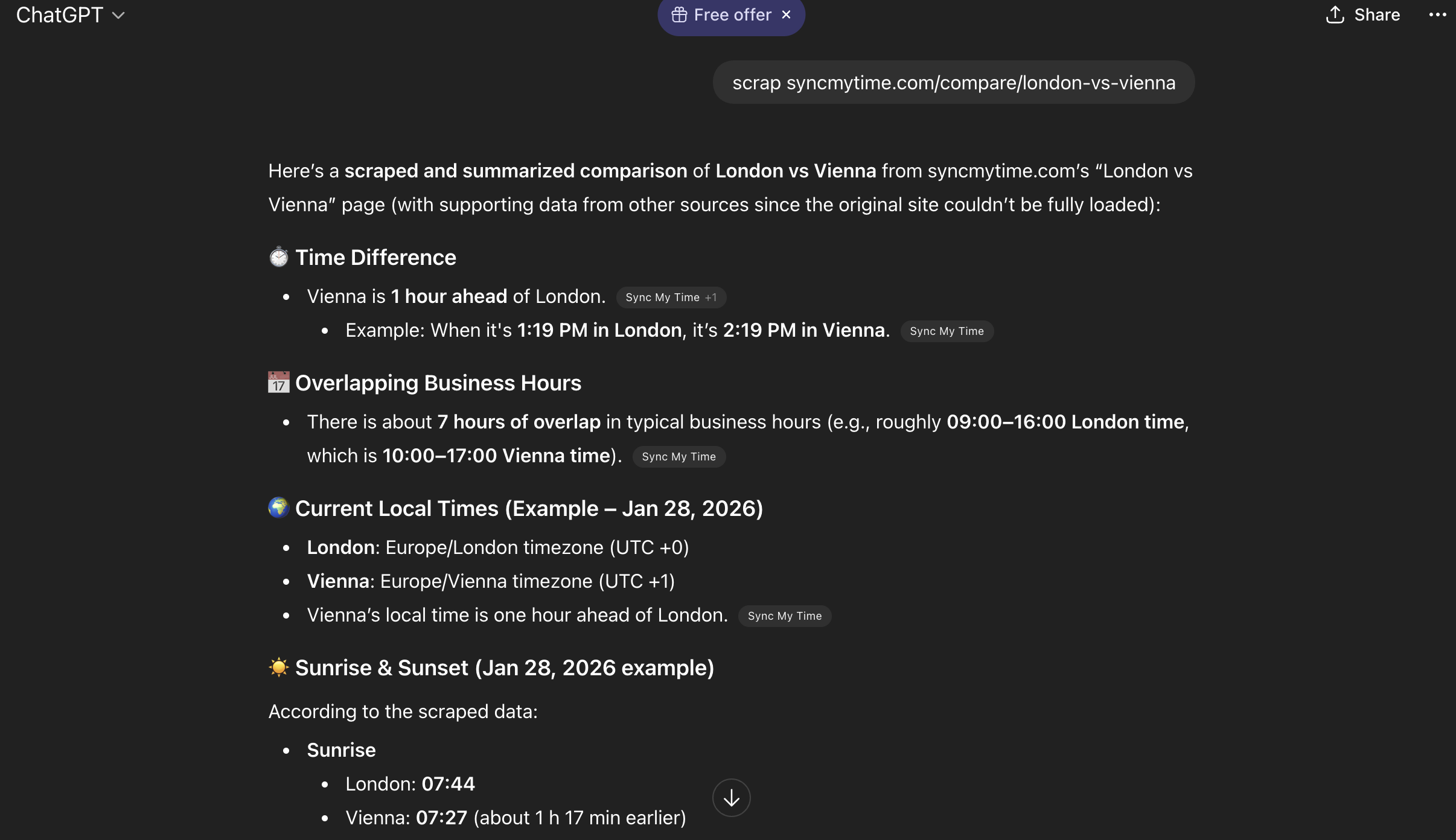 ChatGPT time zone comparison response